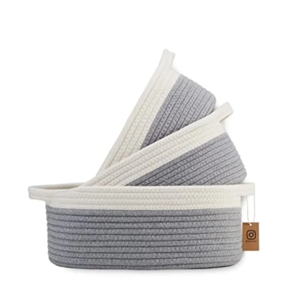 Oval Cotton Rope Storage Basket Set | Set of 3 | Neutral Off-White & Gray
